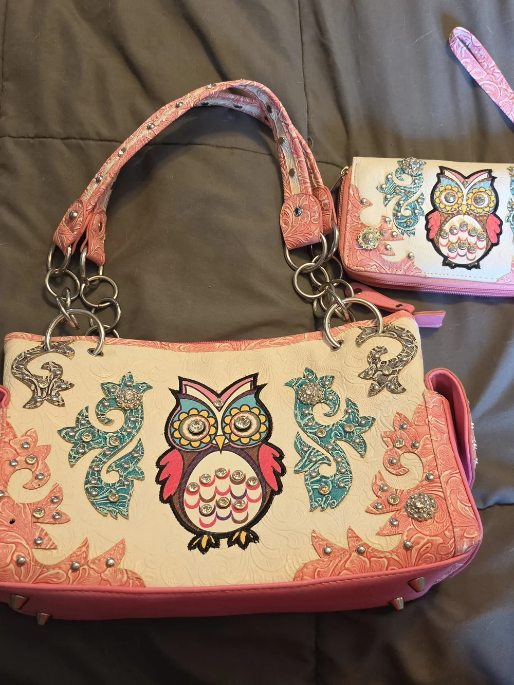 Cowgirl Trendy Pink & White Owl Leather Embroidered Purse with Matching Wallet